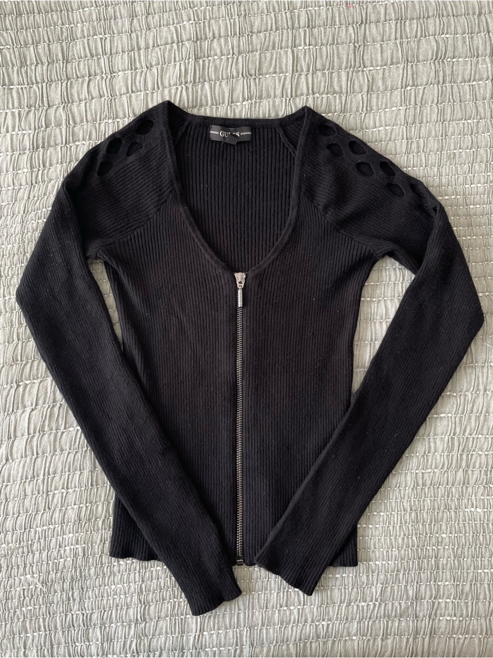 Guess Fitted Black Zip Up Sweater with Long Sleeves, Arm Cutouts Y2K Preppy Sz S